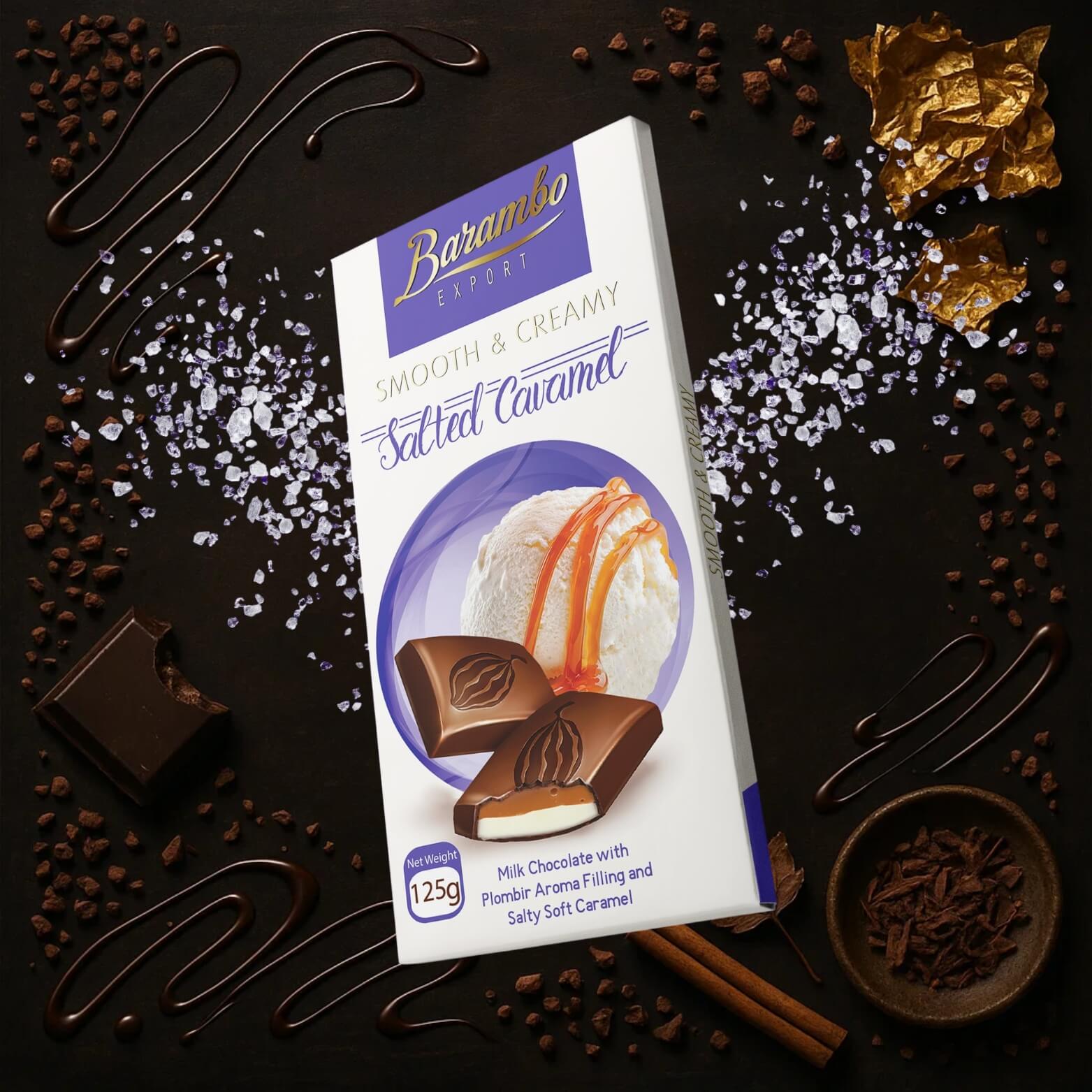 Barambo milk chocolate with plombir aroma and salty caramel – creamy Georgian chocolate from Georgia.