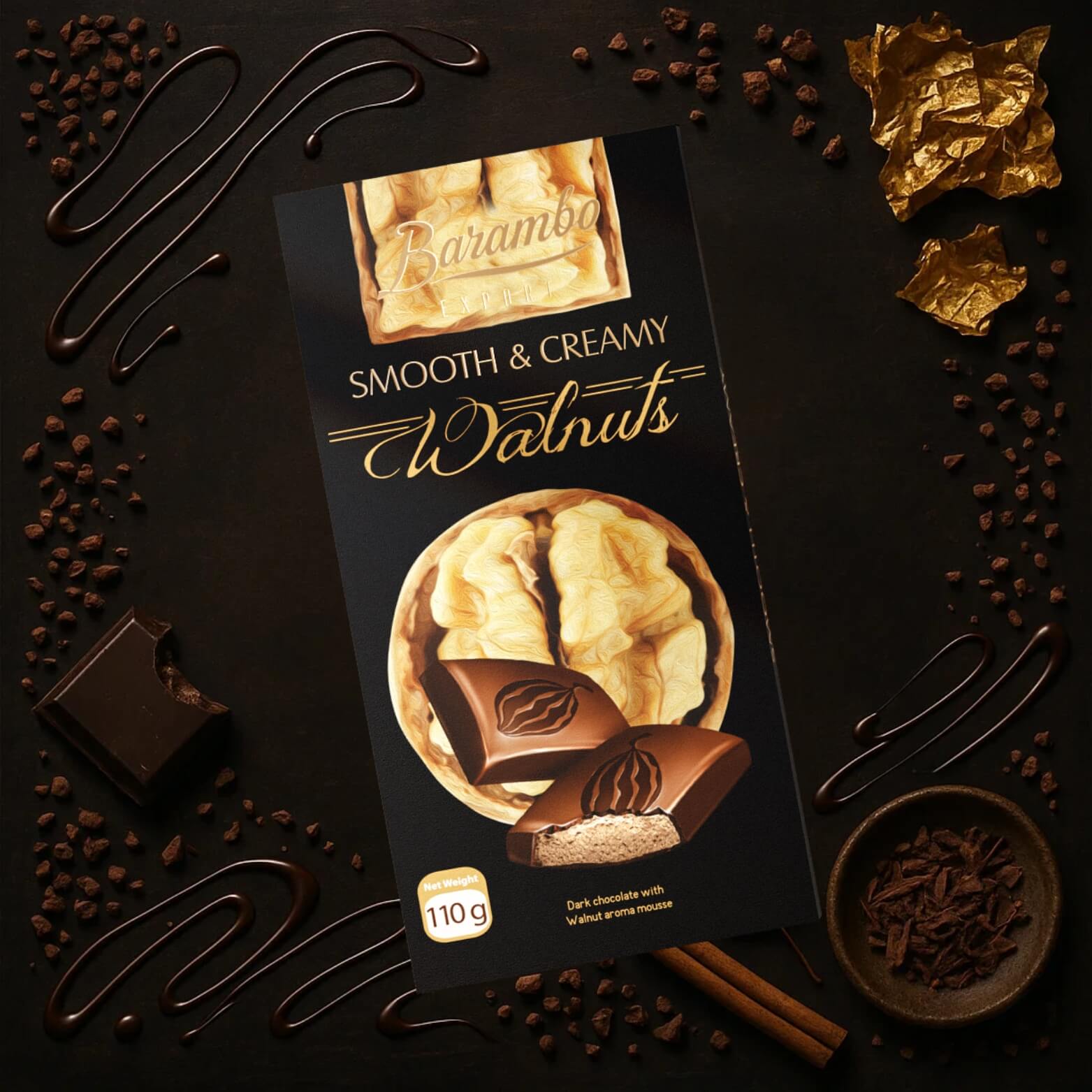 Barambo milk chocolate with walnuts – authentic Georgian chocolate bar with nut pieces.