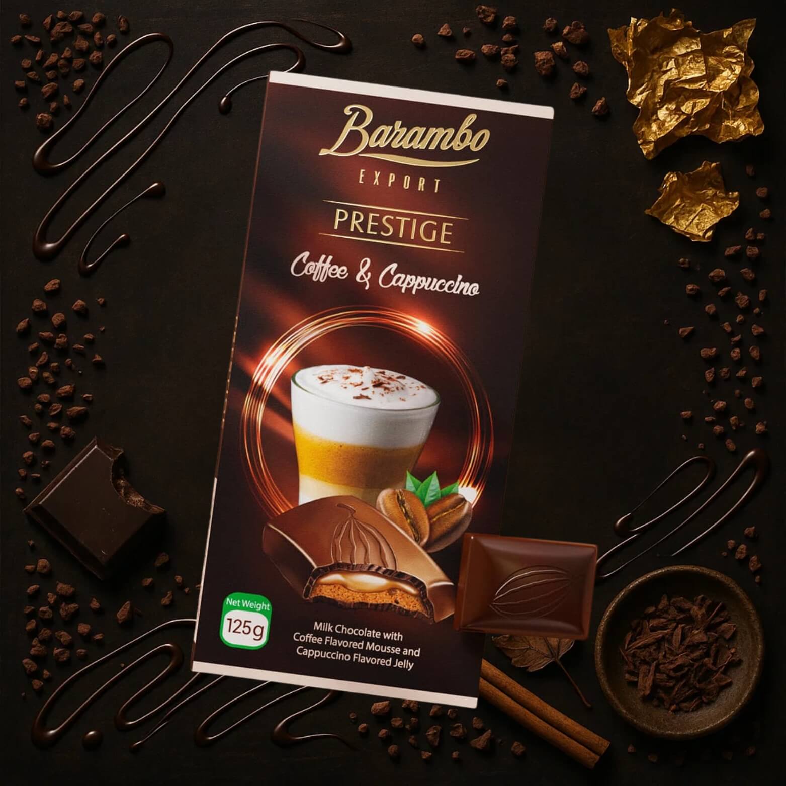 Barambo Prestige coffee and cappuccino chocolate – gourmet Georgian chocolate with smooth coffee flavor.
