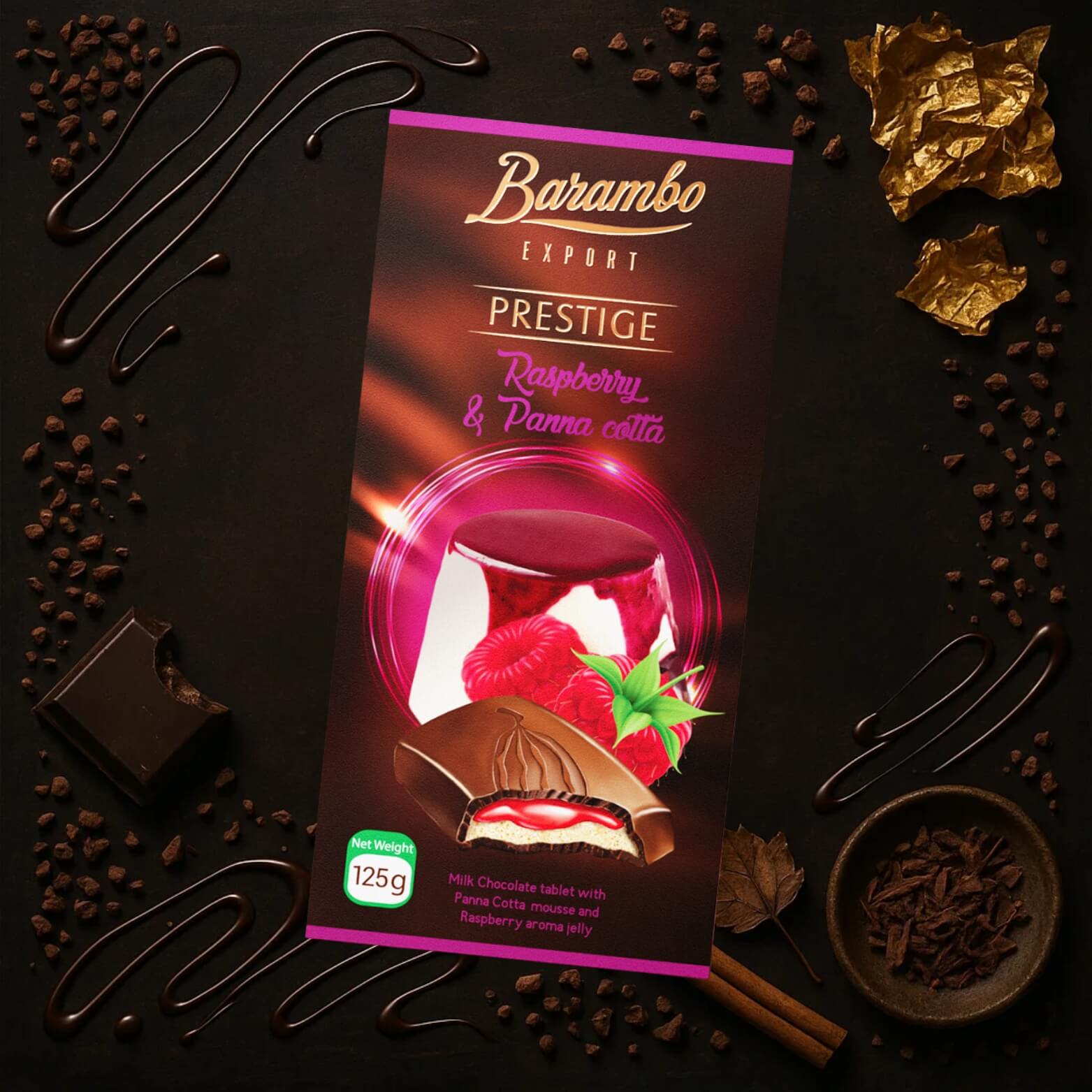Barambo Prestige panna cotta and raspberry chocolate – premium Georgian dessert-style chocolate bar.
