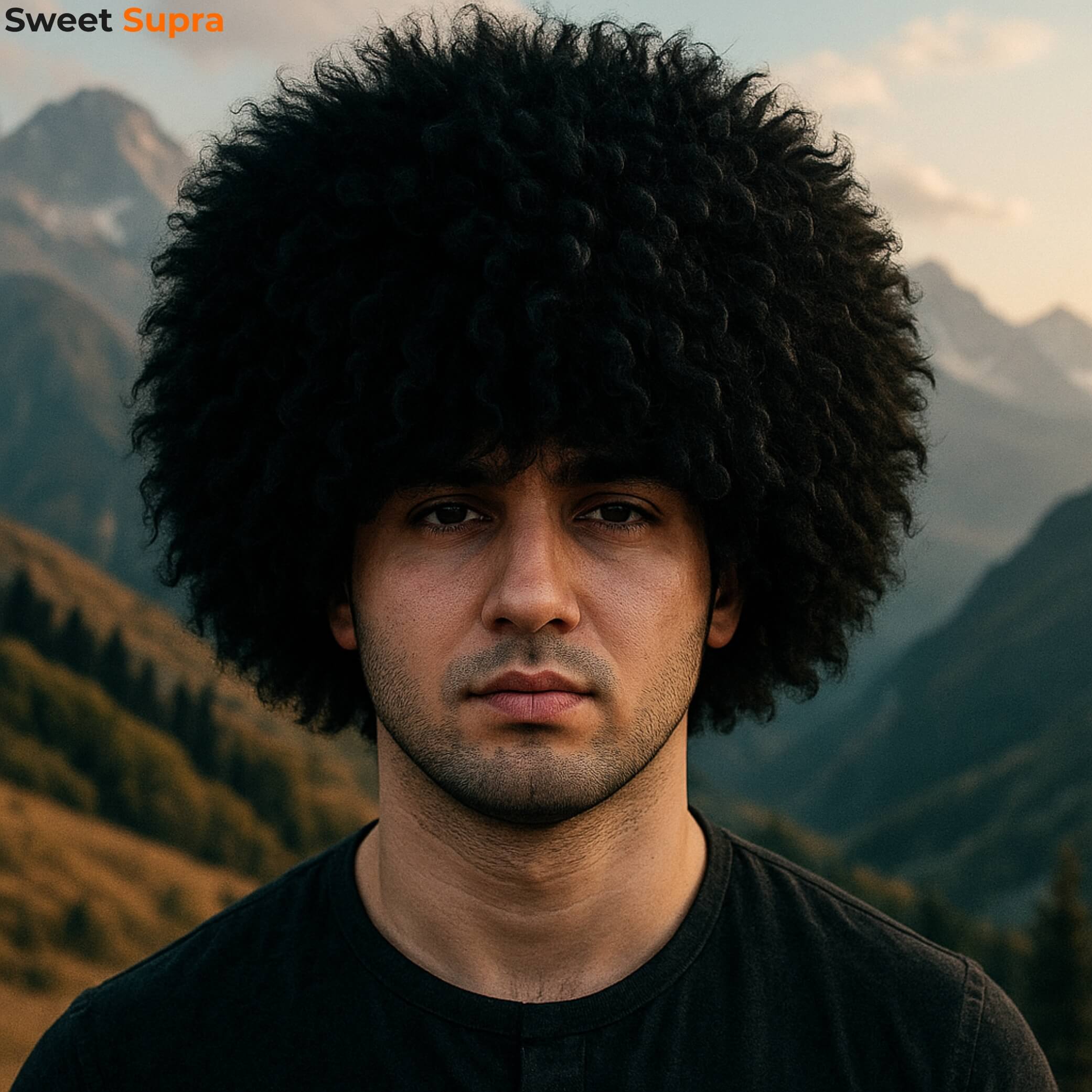 Man wearing a traditional black Georgian Papakha hat made of curly wool, standing against a scenic mountain backdrop during golden hour.