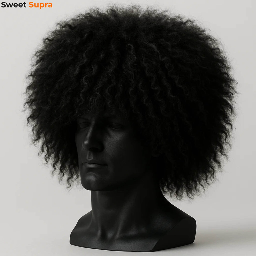 Black curly wool Papakha hat styled on a mannequin. A bold, traditional Caucasus warrior headpiece known for its voluminous design.