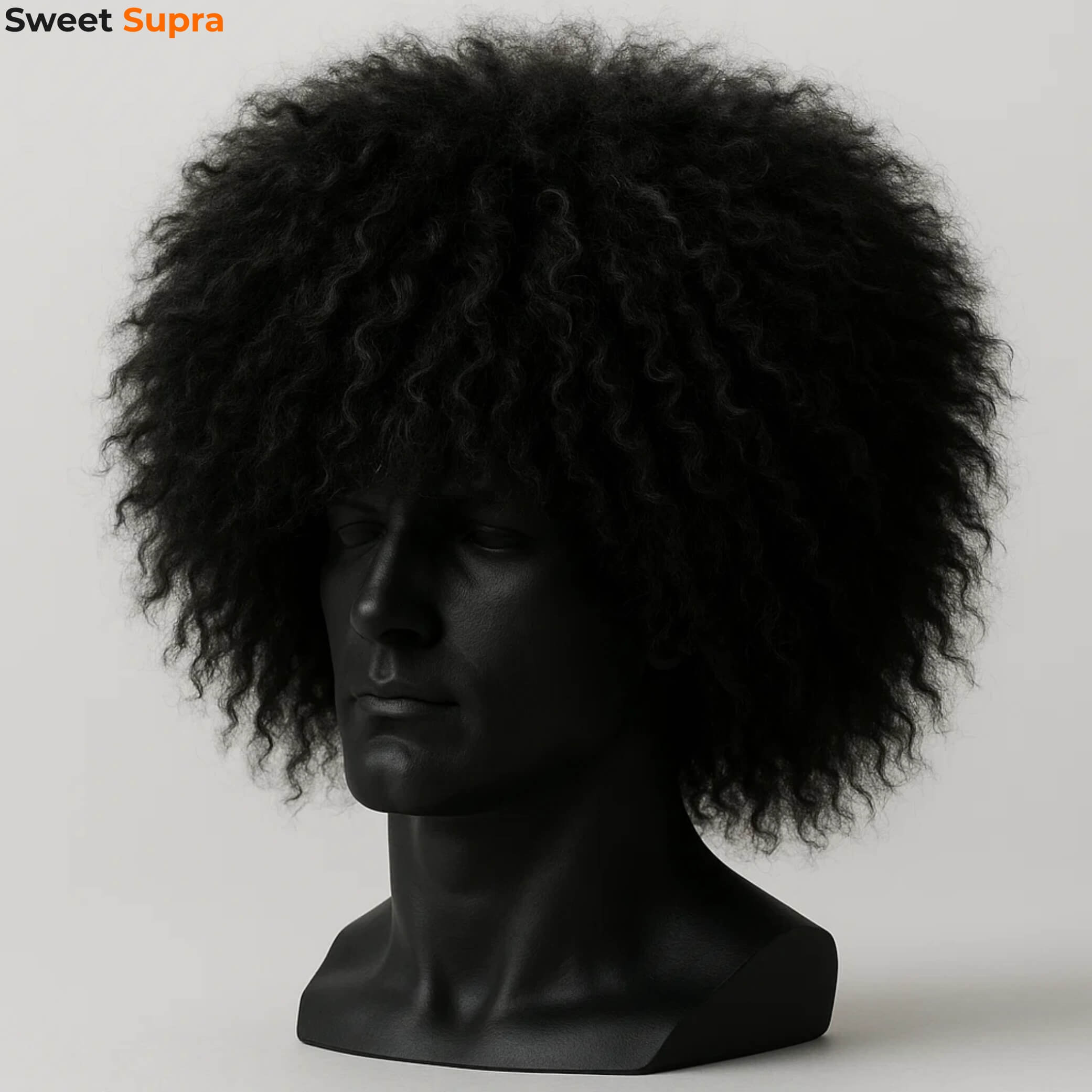 Black curly wool Papakha hat styled on a mannequin. A bold, traditional Caucasus warrior headpiece known for its voluminous design.