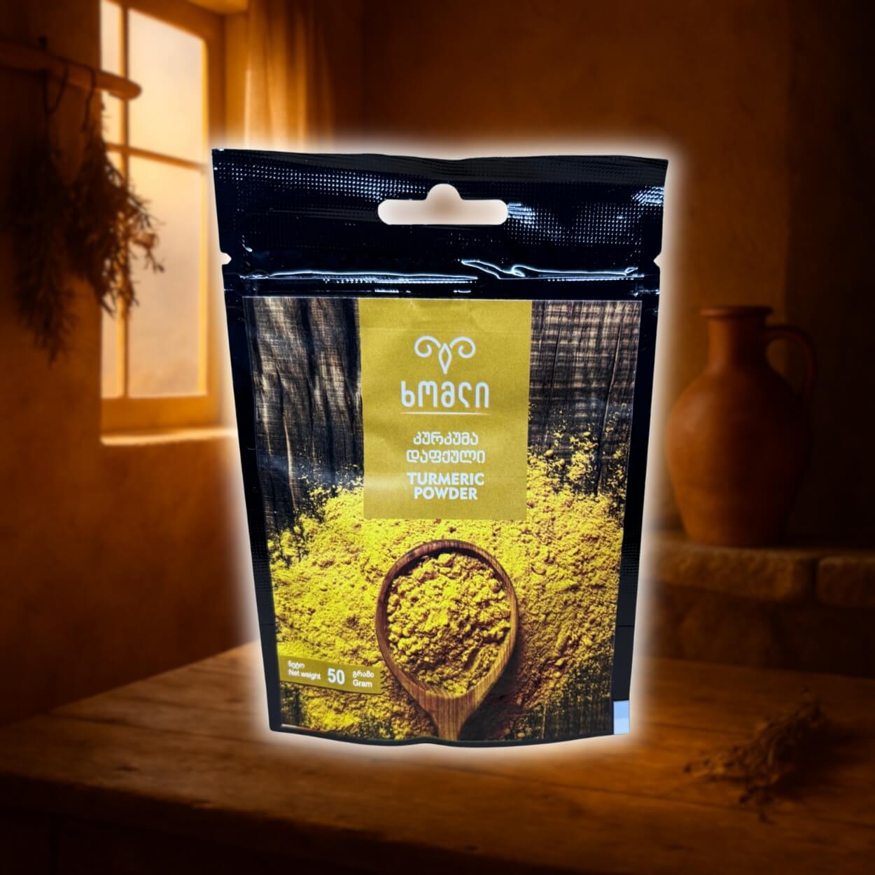 Turmeric powder – natural yellow spice used in Georgian and world cuisine.
