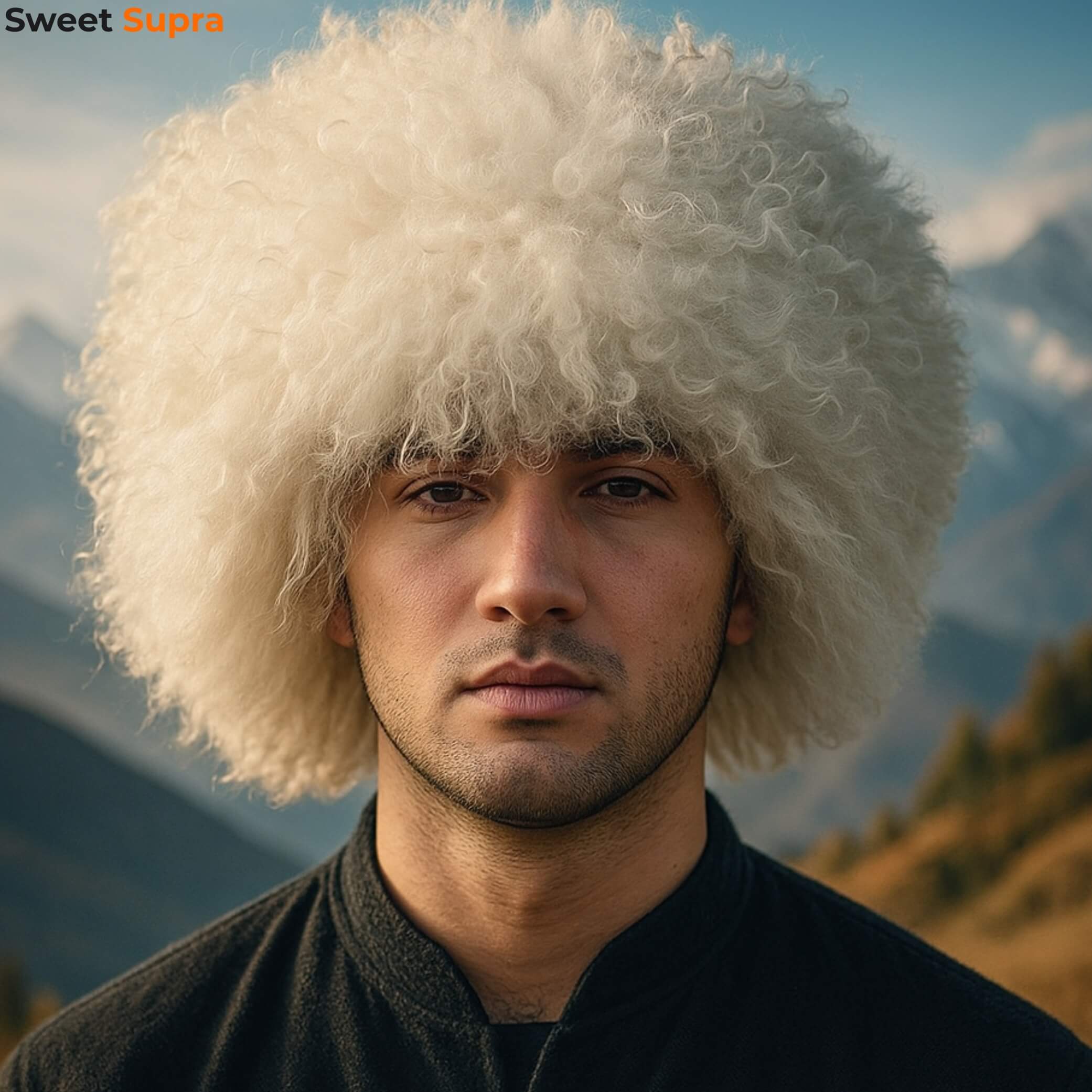 Man in a fluffy white Georgian Papakha hat, captured in natural light with a dramatic mountain landscape in the background.