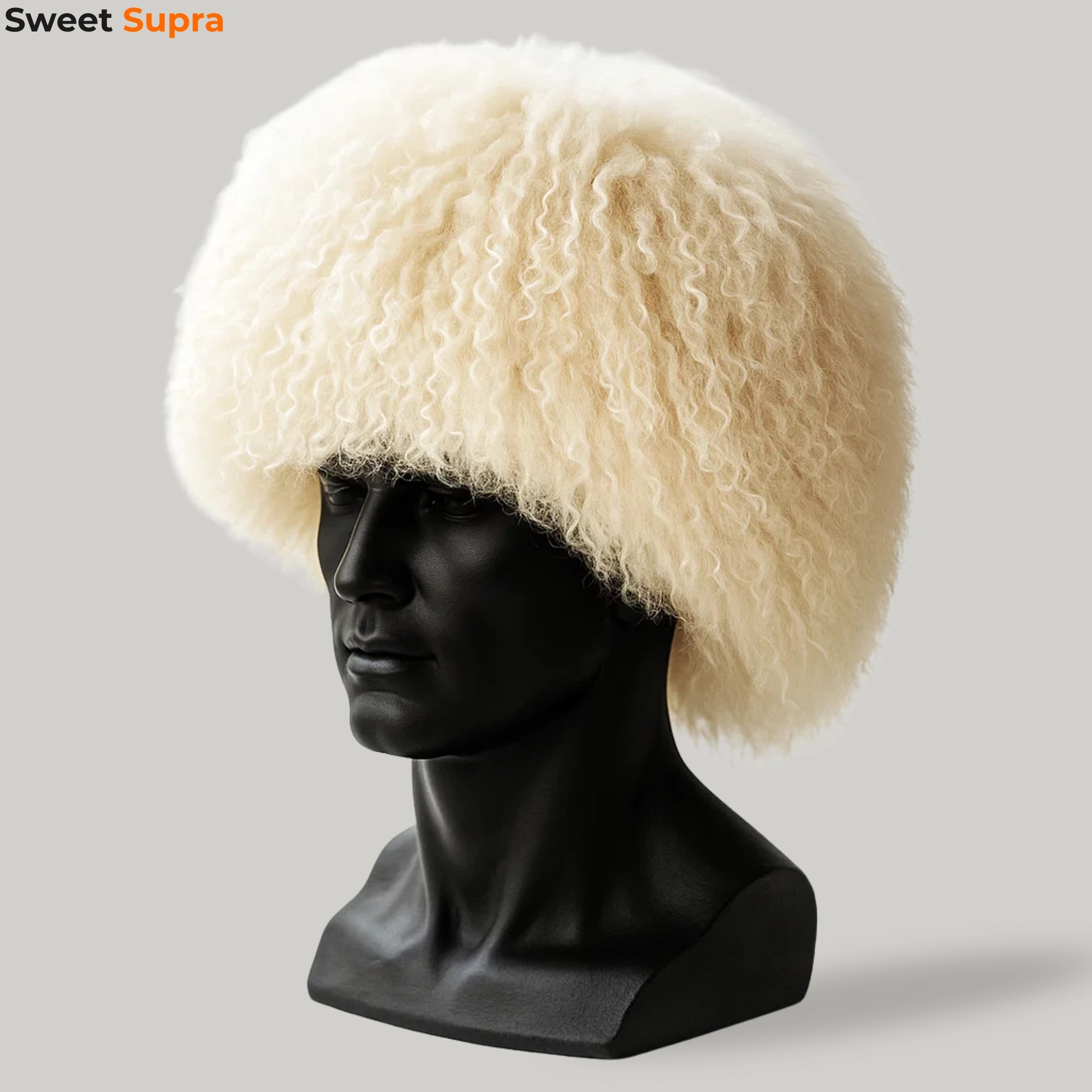 White fluffy Georgian Papakha hat on a mannequin. Traditional Caucasian headwear made from curly white wool, used by shepherds and warriors.